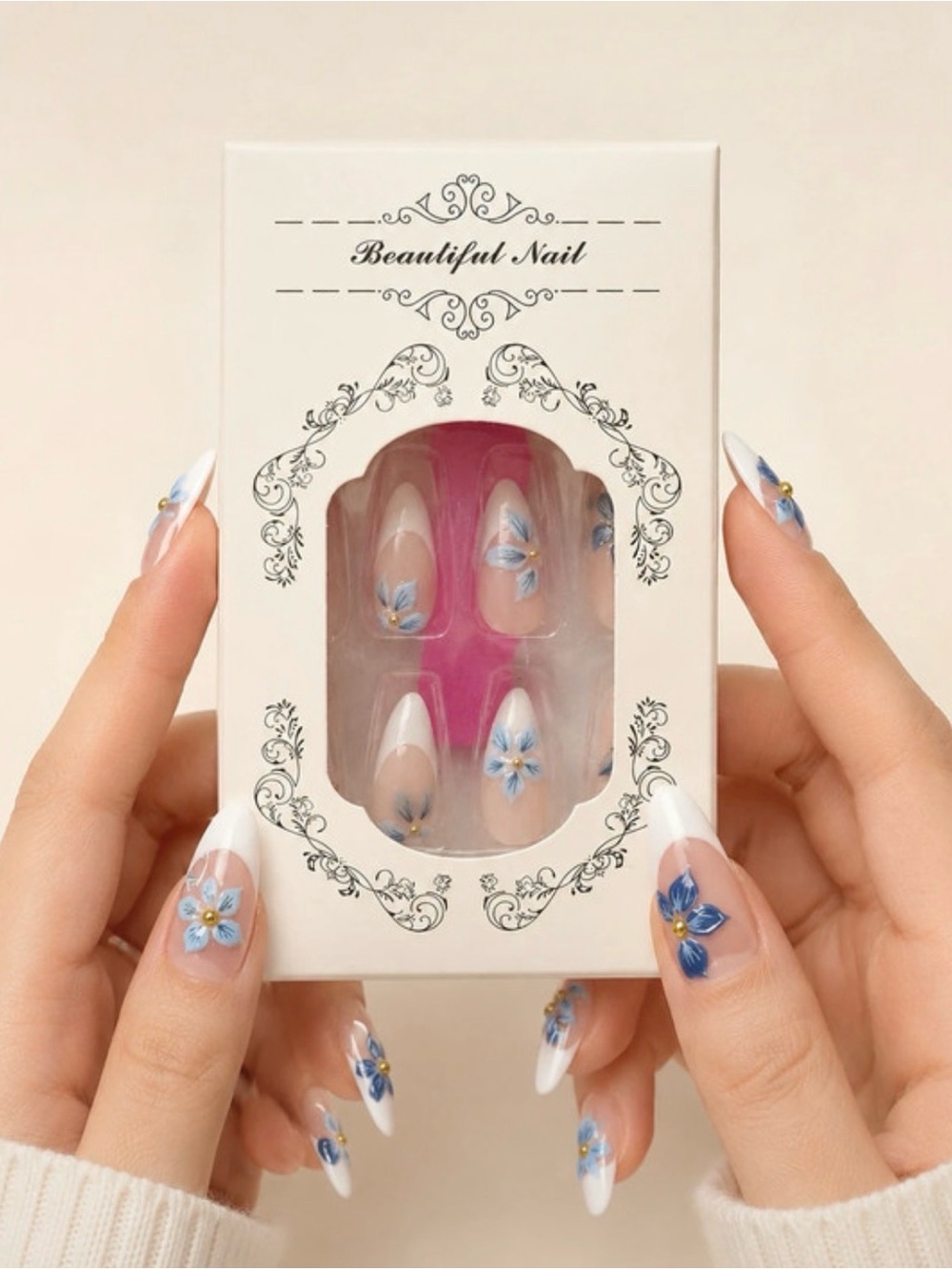 Blue Floral French Press-On Nails - Beautiful Nail